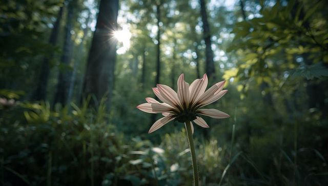 Delicate pale-pink wildflower backlit by sunburst on serene forest floor macro close-up