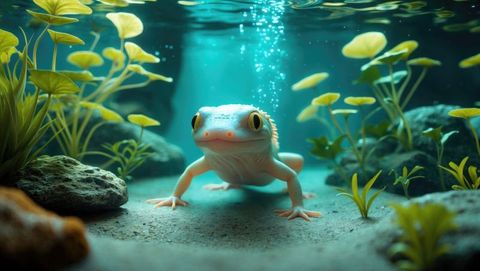 Pale salamander swimming in clear pond with lush aquatic plants