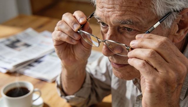 Senior man adjusting glasses while reading morning newspaper with coffee