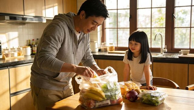 Father unpacking groceries with daughter in sunlit kitchen morning routine