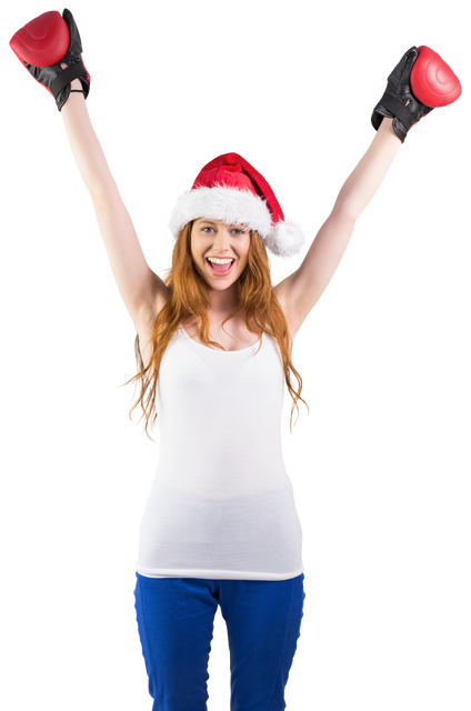 Cheerful Redhead with Santa Hat and Boxing Gloves on Transparent Background - Download Free Stock Videos Pikwizard.com