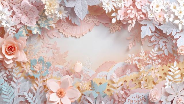 Pastel paper floral frame featuring layered roses, blossoms and delicate leaf garland
