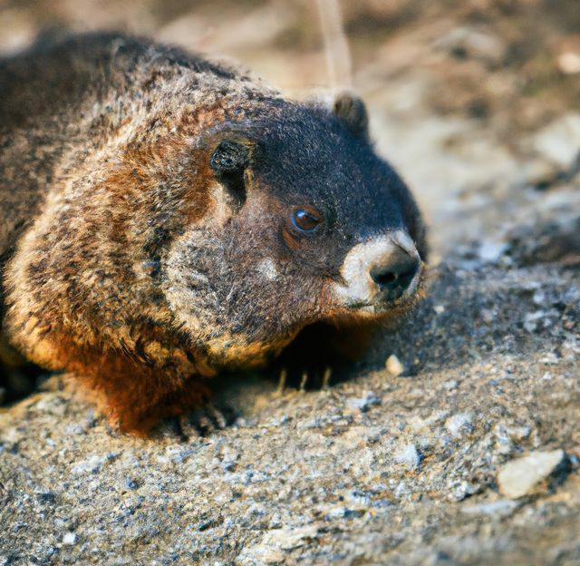 This image features a close-up view of a groundhog in its natural habitat, highlighting its detailed fur and alert expression. Perfect for use in wildlife articles, educational materials about mammals and their ecosystems, or environmental conservation campaigns.