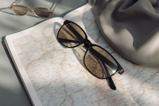 Sunglasses and travel blanket on open map, created using generative ai technology - Download Free Stock Photos Pikwizard.com