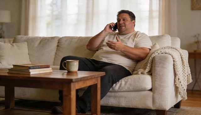 Man talking on smartphone while relaxing on cozy beige sofa in casual home living room