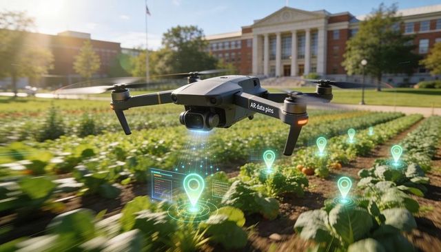 Autonomous drone projecting ar data pins for precision crop monitoring at campus garden