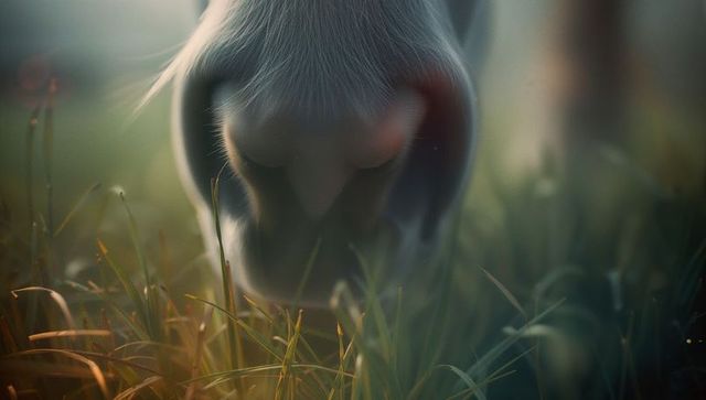 Close-Up of Animal Grazing in Serene Morning Light at Meadow