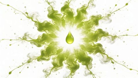 Glowing chartreuse droplet radiating symmetrical ink plumes with luminous halo