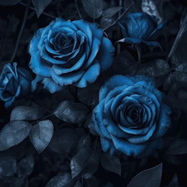 Close up of blue roses on black background, created using generative ai technology. Rose, flower, nature and colour concept digitally generated image.