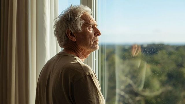 Elderly Man Gazing Through Window at Scenic Forest View