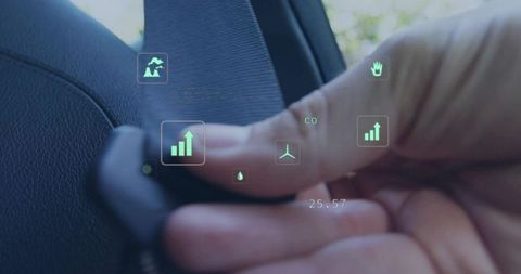 Fastening seatbelt with ar hud showing co2 25.57 and vehicle efficiency metrics