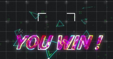 Bright You Win Text with Geometric Shapes on Grid Background