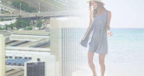 Carefree Woman Enjoying Beach with Urban Overlay Theme
