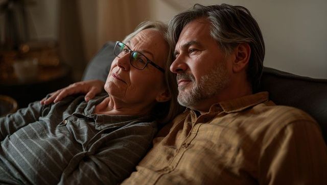 Senior couple leaning close on couch during cozy evening, sharing quiet intimate moment