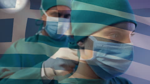 Surgeons with Greece Flag Overlay Highlighting Healthcare