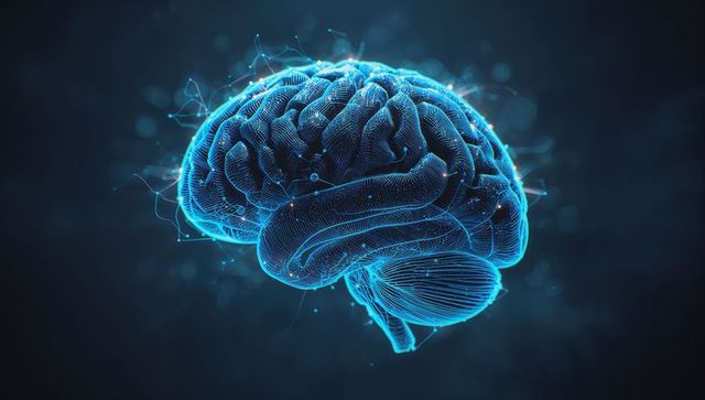 Futuristic 3D Neon Brain with Neural Network Mesh