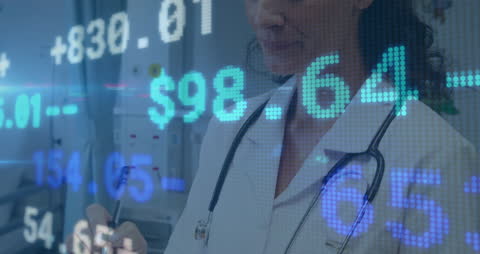 Doctor Analyzing Data with Stock Market Overlay in Hospital