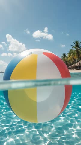 Beach ball bobbing and rotating on tropical lagoon surface vertical summer mobile video