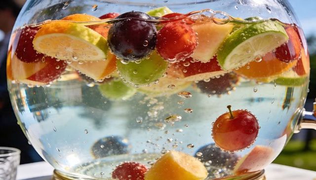 Glass dispenser featuring sparkling fruit infused water with floating citrus and apples