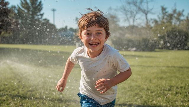 Sunlit boy laughing and splashing through sprinkler running across grassy park summer joy