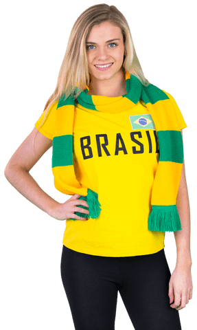 Transparent woman wearing brazil football shirt and scarf