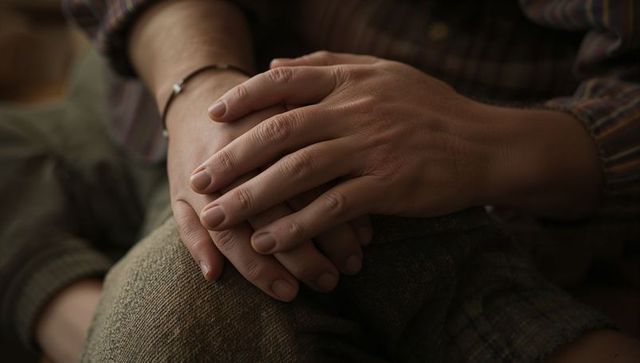 Resting hands on knee conveying intimacy and calm in cozy living room