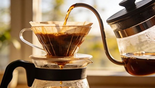 Golden morning pour-over pouring: gooseneck kettle brewing into glass dripper and carafe