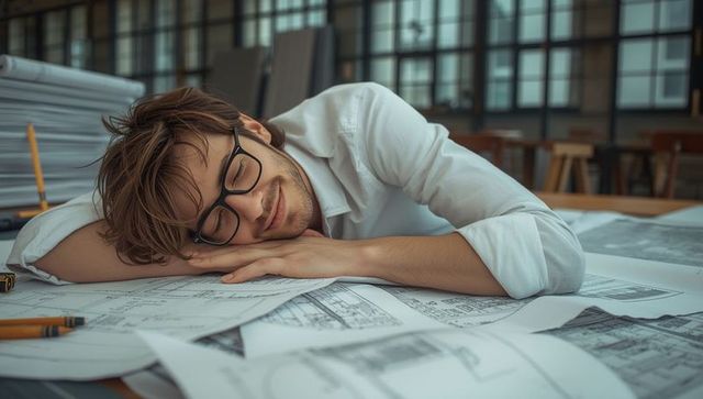 Architect resting on blueprints in creative workspace