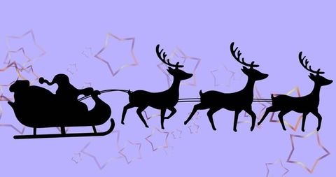 Santa Claus Silhouette with Reindeer on Purple Starry Background