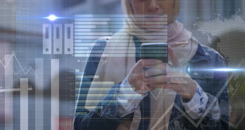 Woman in Hijab Using Smartphone with Futuristic Data Infographics
