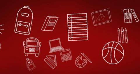 School Supplies and Technology Illustrations on Red Background