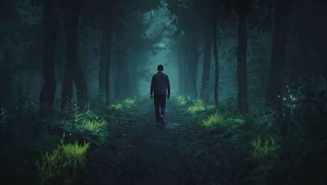 Man Walking in Mystical Misty Forest with Illuminated Pathway