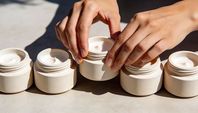 Hands Opening Natural Skincare Jars in Sunlit Minimalist Lineup for Organic Beauty