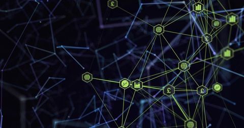 Neon Blockchain Network Connecting Financial Data Nodes with Pound and Globe Analytics Icons