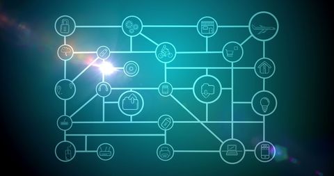 Abstract illustration showcasing a complex network of digital icons interconnected, depicting concepts like data flow, connectivity, and modern technology. The green background emphasizes tech and innovation themes. Suitable for illustrating articles on digital transformation, networking solutions, and futuristic design concepts.