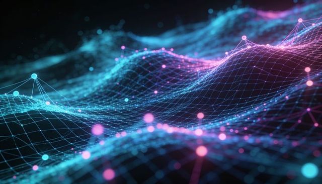 Luminous neon wireframe network flowing across digital grid with cyan and magenta nodes