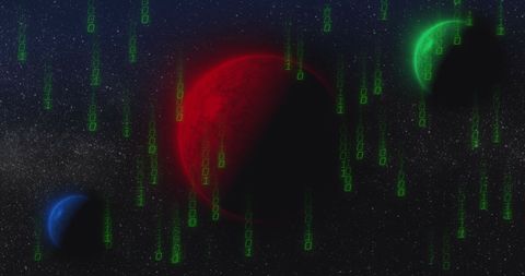 Binary code enveloping planets in futuristic digital space