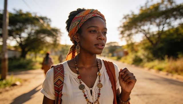 Standing woman wearing patterned headwrap and beaded necklaces on sunlit rural road