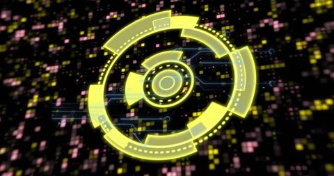 Glowing Yellow HUD Interface Floating Over Digital Pixel Grid with Circuit Traces