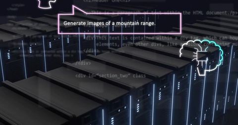 Futuristic data center server racks with neon prompt, code overlays, cloud ai iconography