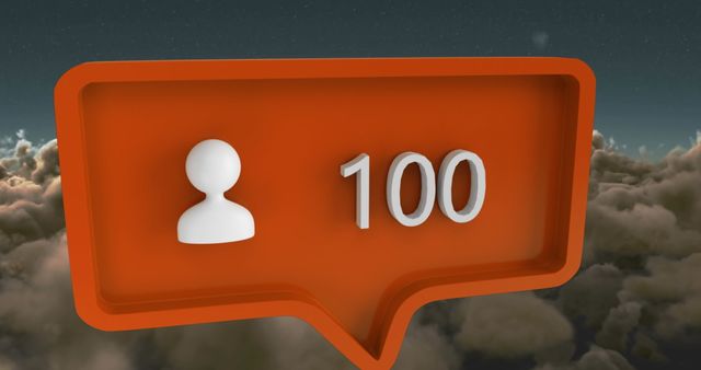 Notification indicating 100 followers represented by a speech bubble with a user icon floating above clouds. Perfect for illustrating social media growth, digital marketing milestones, and online engagement strategies in blogs, articles, and digital advertising campaigns.