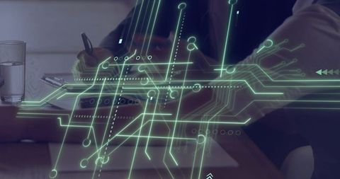 Signing contract and reviewing documents with neon holographic circuitry in office