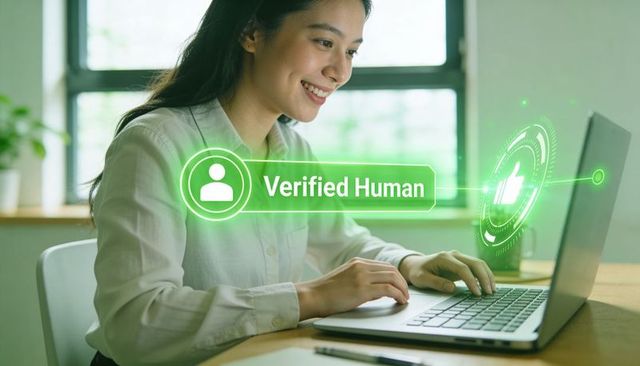 Smiling woman typing on laptop with verified human hologram and digital thumbs-up badge