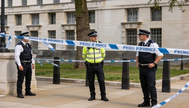 Three police officers securing cordoned urban plaza outside government building