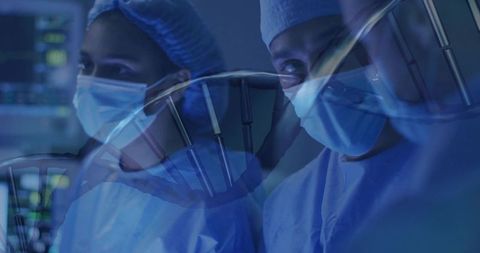 Surgical team performing operation with dna double helix overlay, clinical collaboration