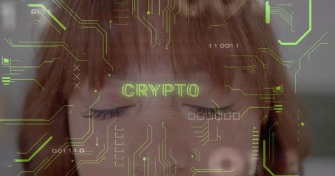 Adult woman resting with closed eyes under neon-green crypto overlay, futuristic circuit