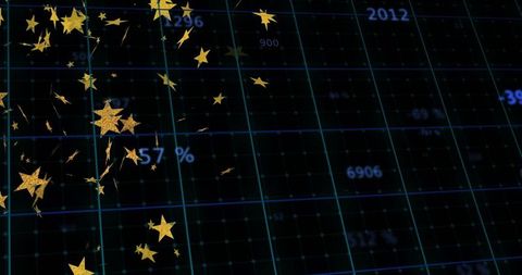 Floating golden stars over analytical digital grid interface