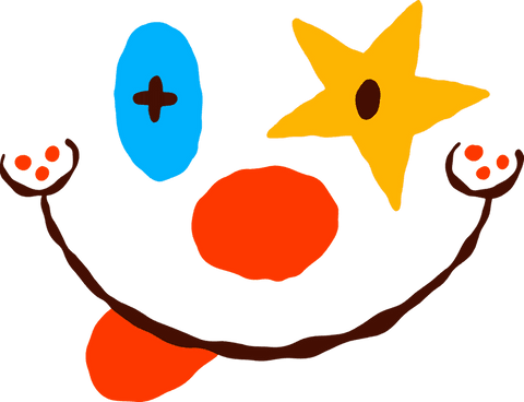 Whimsical cartoon face with bright shapes on transparent background