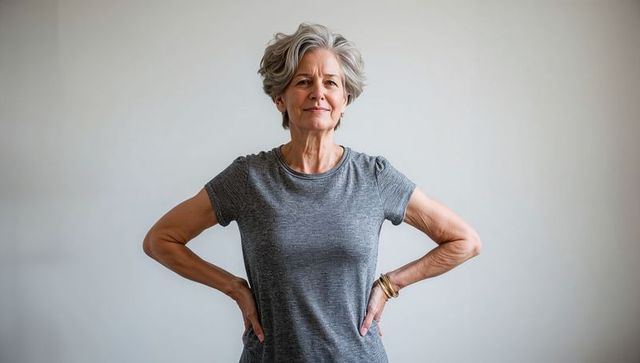 Confident senior woman standing with hands on hips wearing heather-gray tee and bracelets
