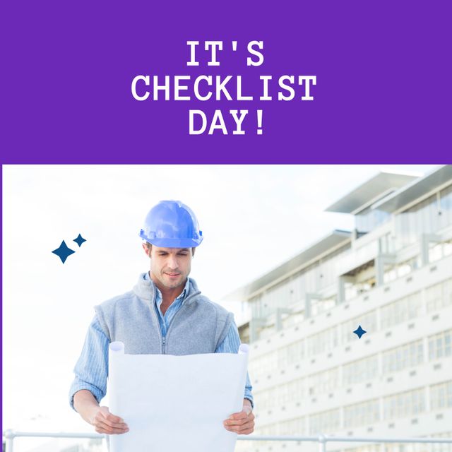 Engineer Reviewing Blueprint Checklist on Construction Site - Download Free Stock Templates Pikwizard.com